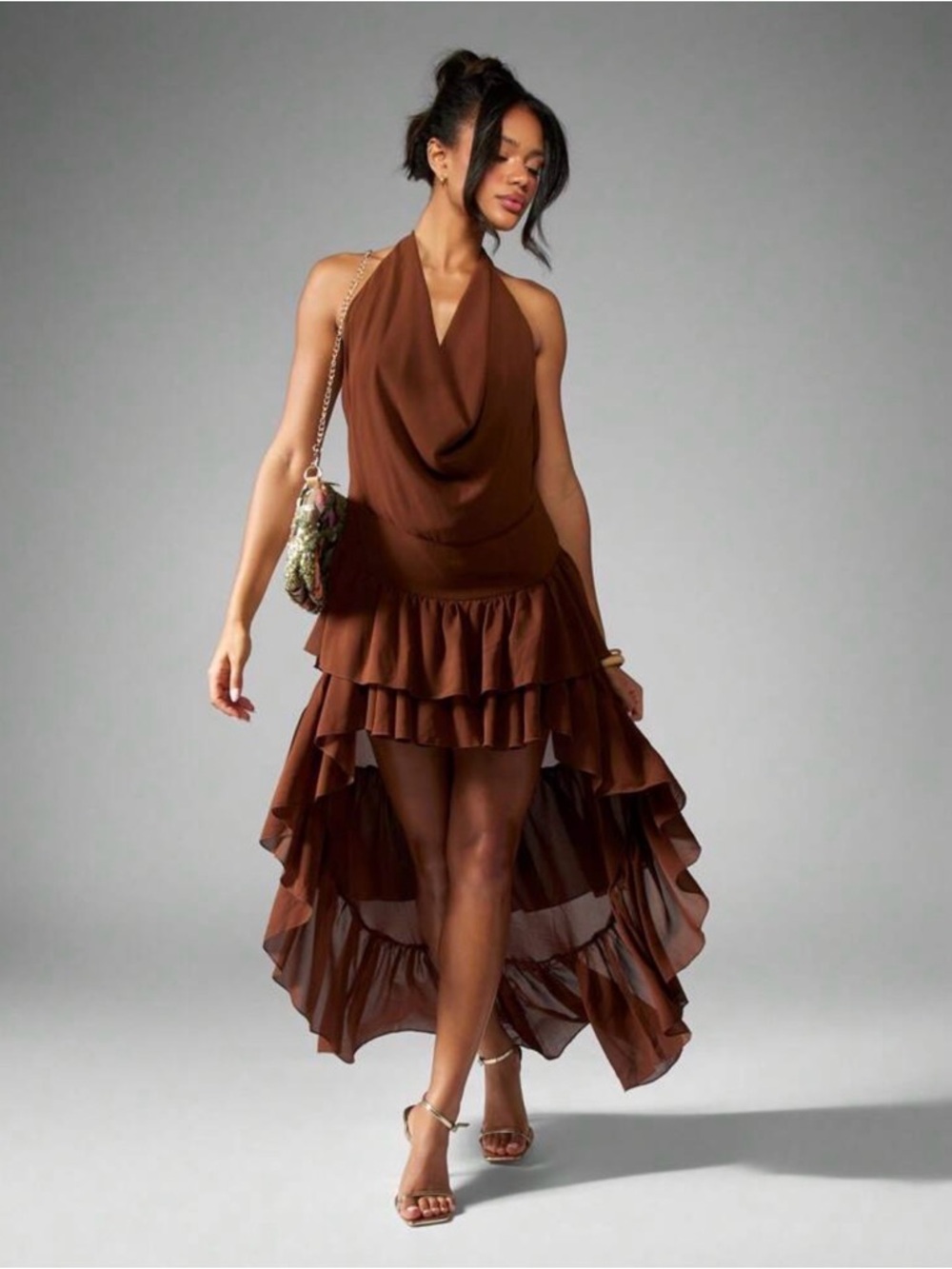 Brown High-Low Ruffle Halter Dress